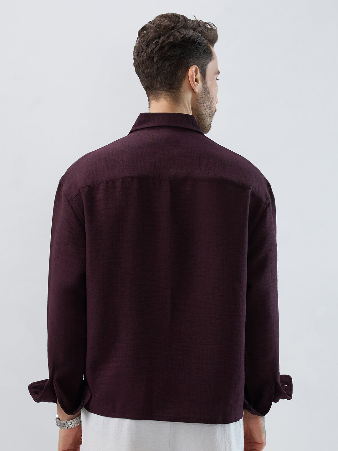 Rich Wine Slub Textured Boxy Fit Crop Shirt