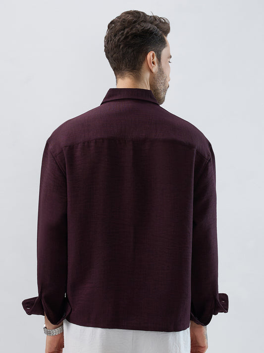 Rich Wine Slub Textured Boxy Fit Crop Shirt