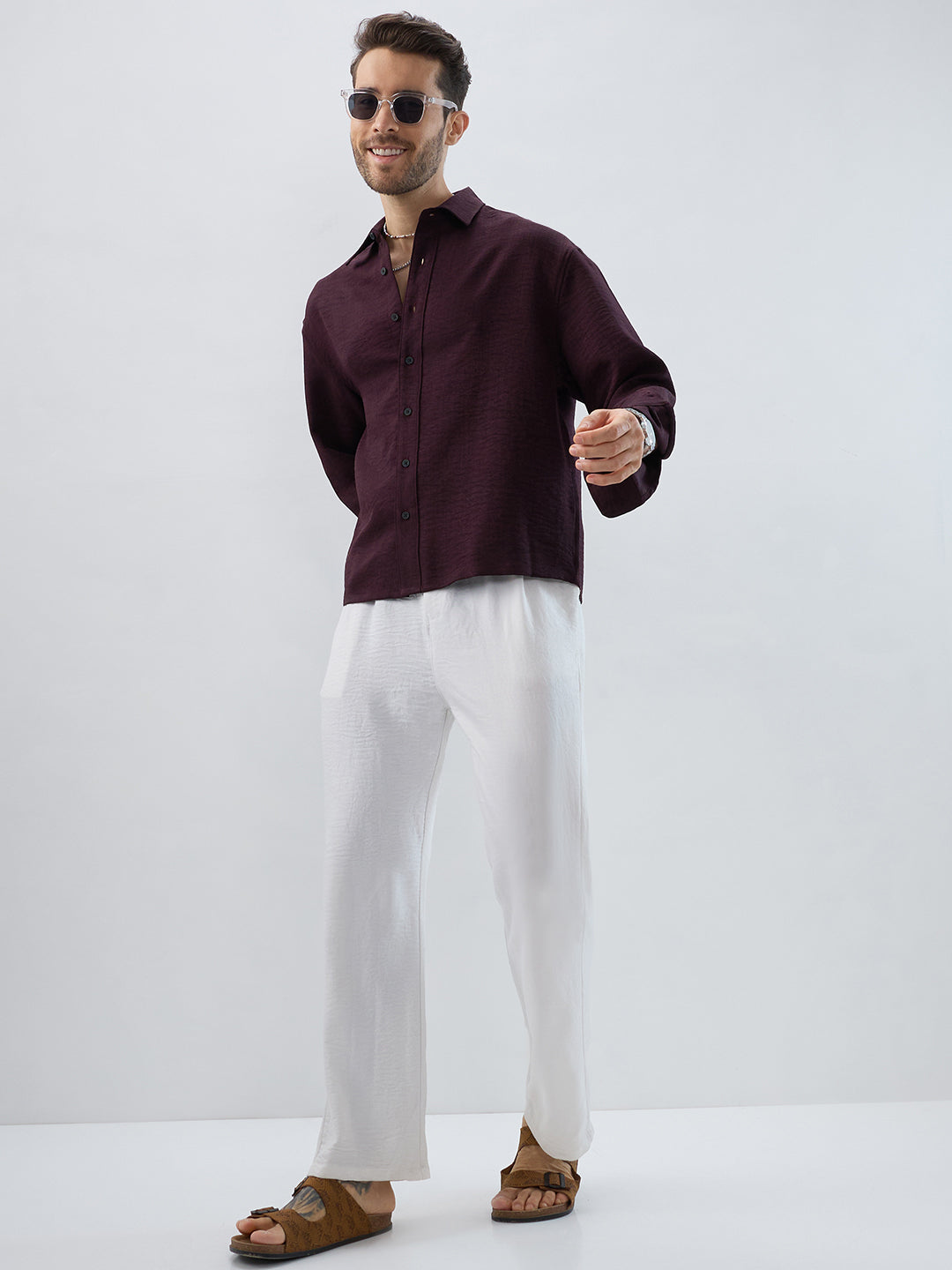 Rich Wine Slub Textured Boxy Fit Crop Shirt