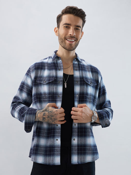 Blue Eminence Ombre Checks Twin Pocket Flannel Shirt