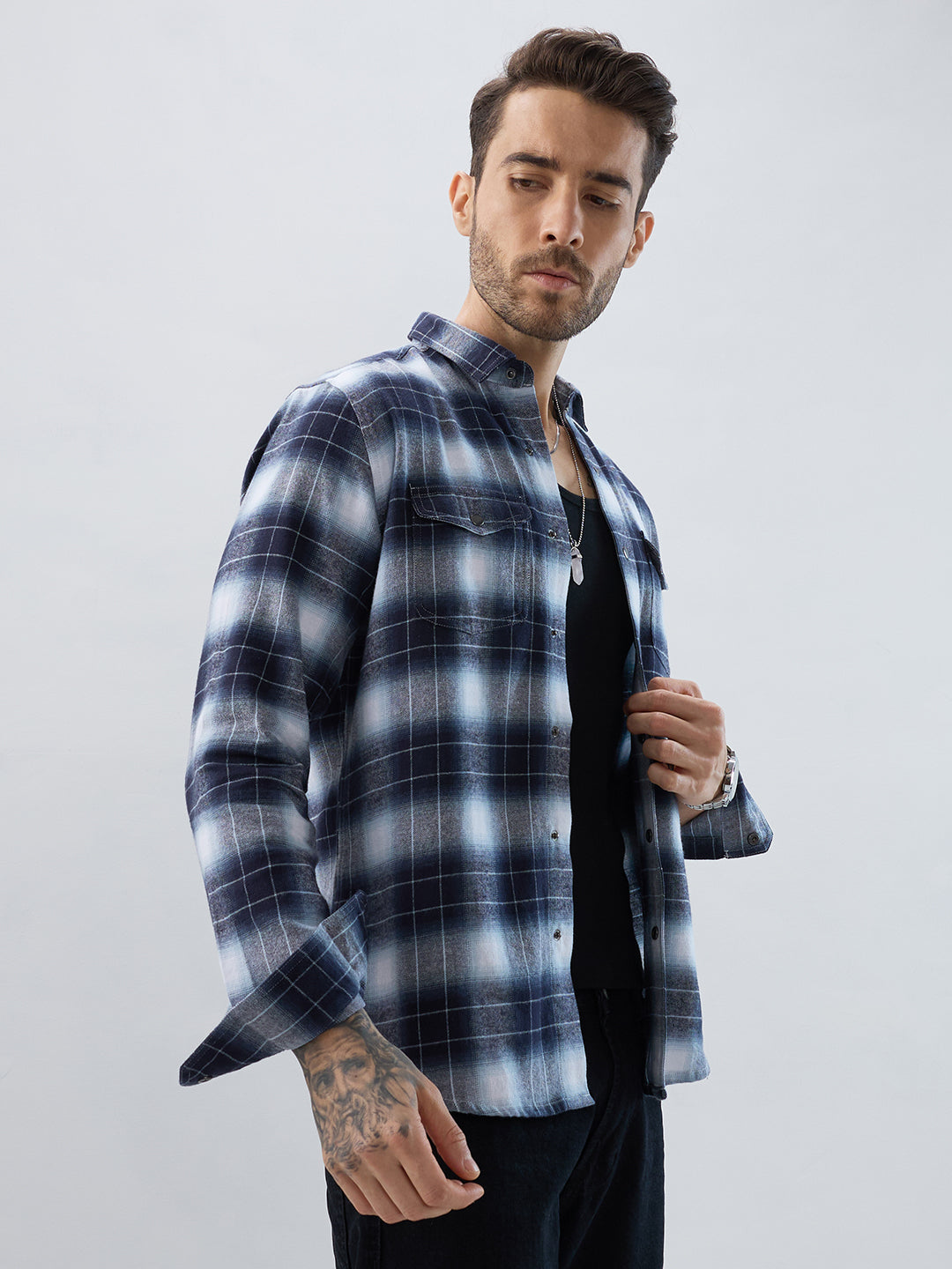 Blue Eminence Ombre Checks Twin Pocket Flannel Shirt