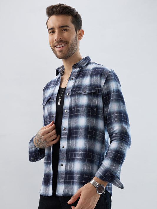 Blue Eminence Ombre Checks Twin Pocket Flannel Shirt