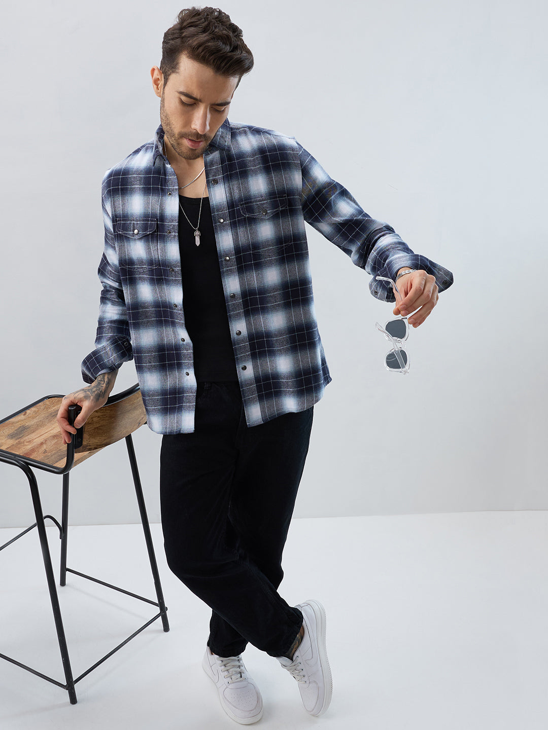 Blue Eminence Ombre Checks Twin Pocket Flannel Shirt