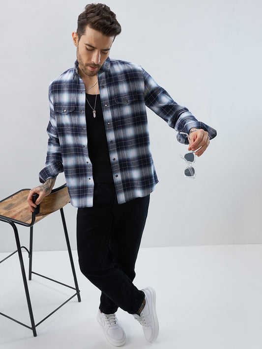 Blue Eminence Ombre Checks Twin Pocket Flannel Shirt