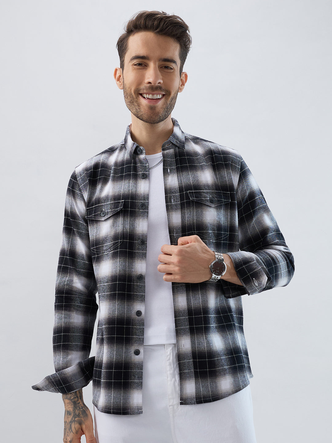 Black & Silver Mist Plaid Checks Double Pocket Flannel Shirt