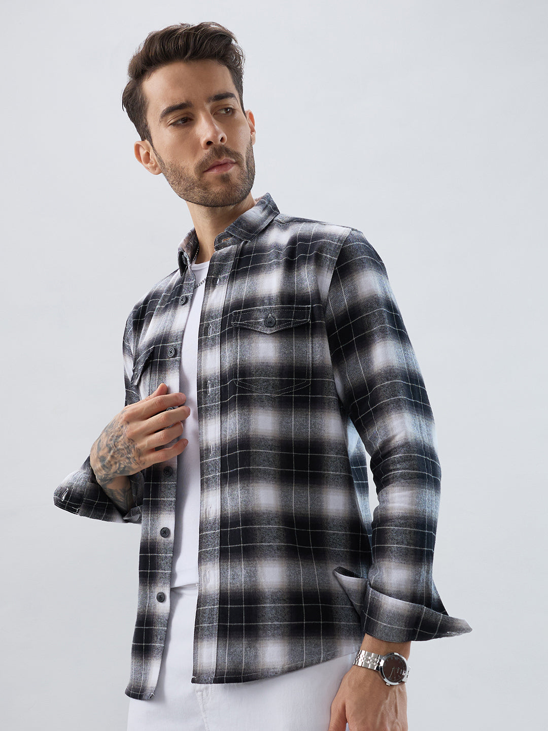 Black & Silver Mist Plaid Checks Double Pocket Flannel Shirt
