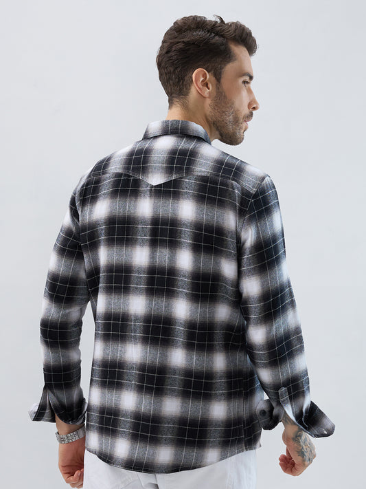 Black & Silver Mist Plaid Checks Double Pocket Flannel Shirt