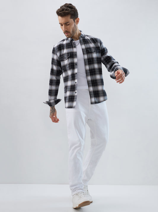 Black & Silver Mist Plaid Checks Double Pocket Flannel Shirt