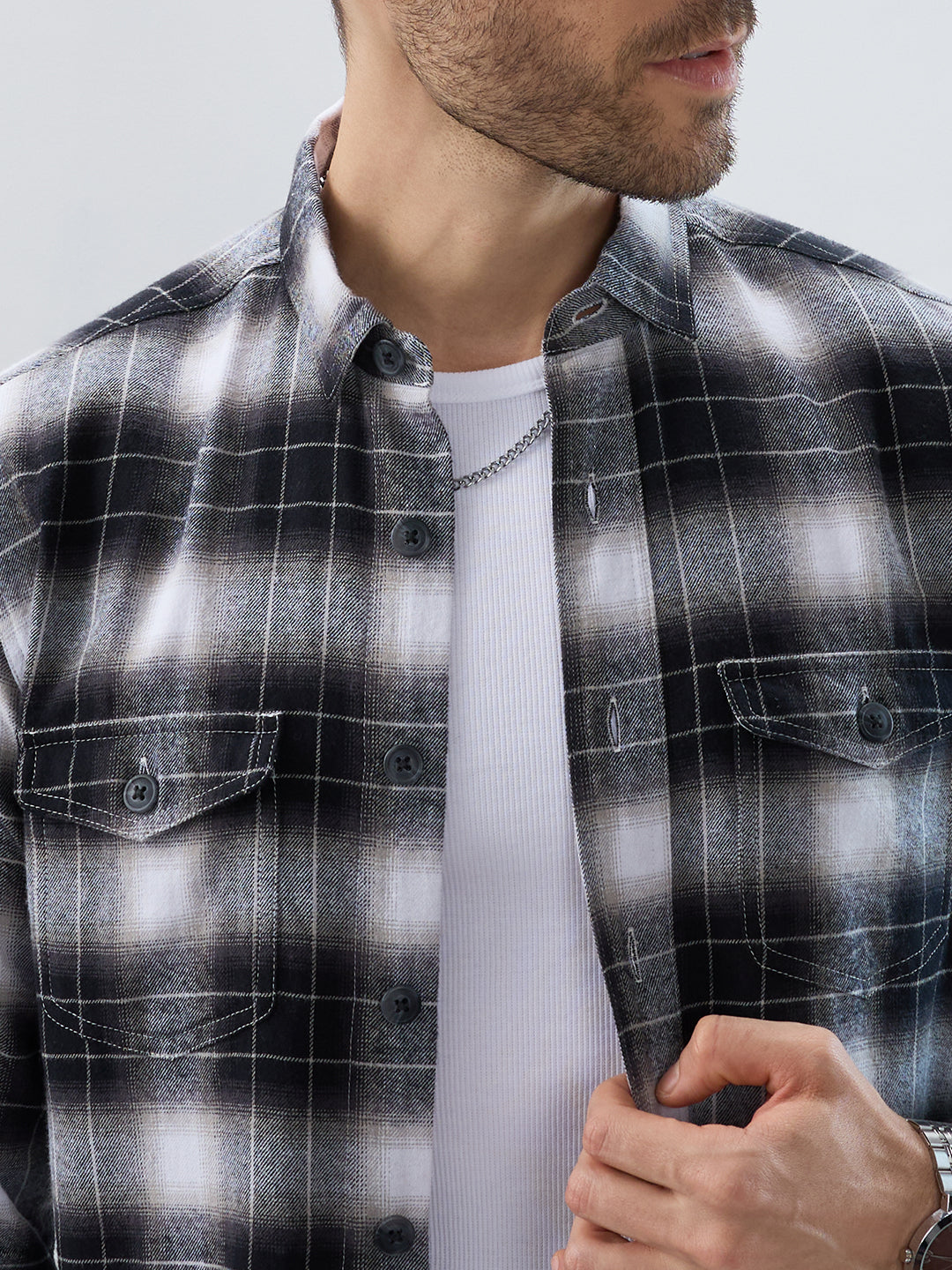 Black & Silver Mist Plaid Checks Double Pocket Flannel Shirt