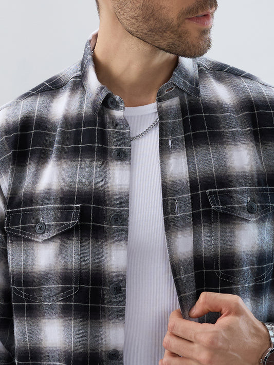 Black & Silver Mist Plaid Checks Double Pocket Flannel Shirt