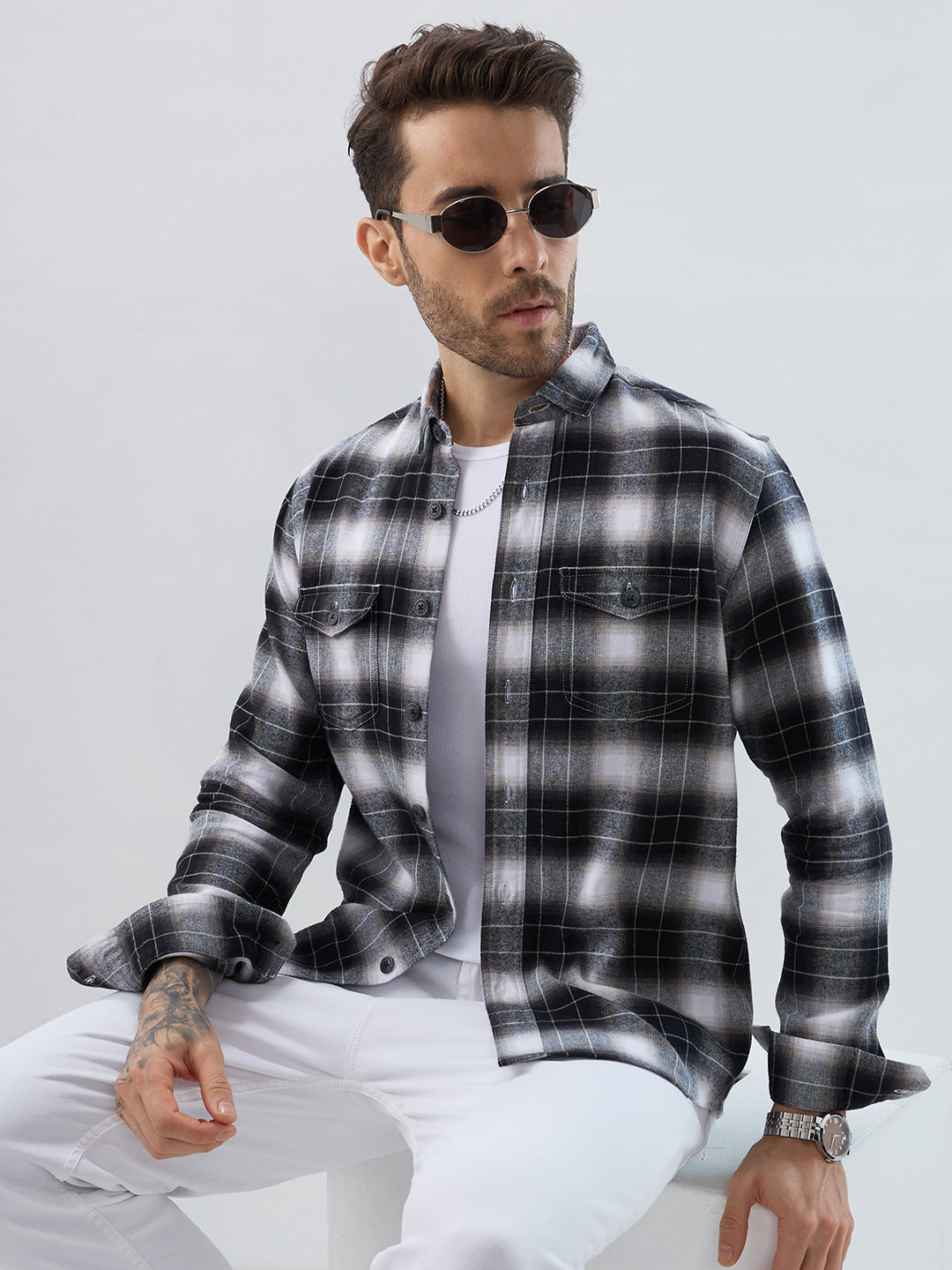 Black & Silver Mist Plaid Checks Double Pocket Flannel Shirt