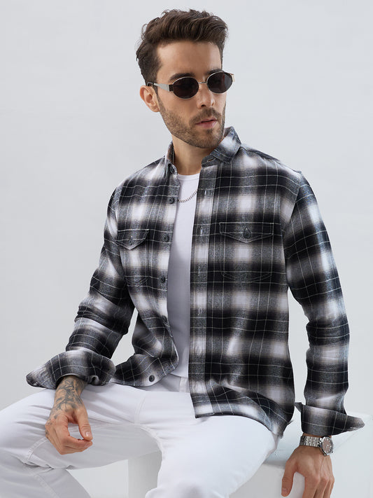 Black & Silver Mist Plaid Checks Double Pocket Flannel Shirt