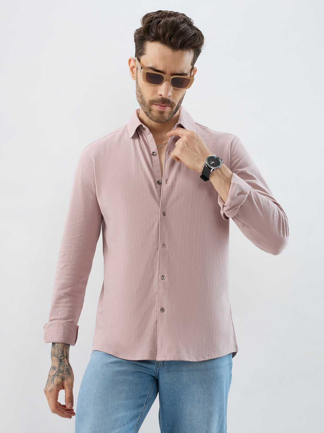 Dusty Rose Pink Textured Knit Shirt