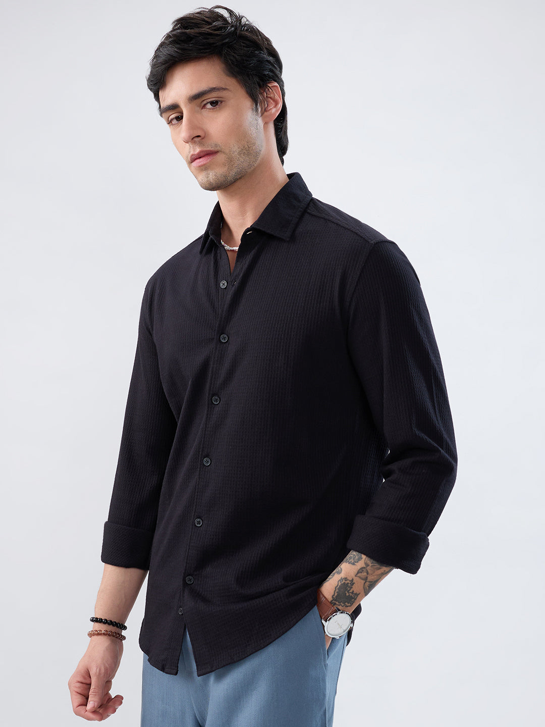 Black Jacquard Knit Everyday Shirt