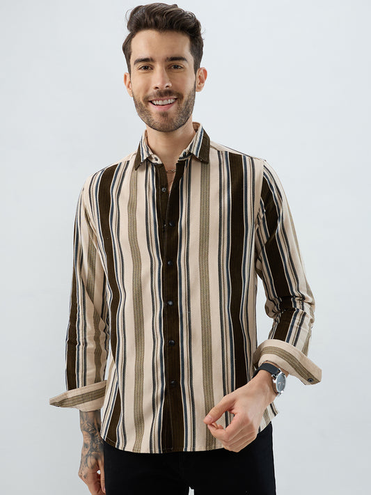 Luxe Brown & Beige Herringbone Striped Shirt