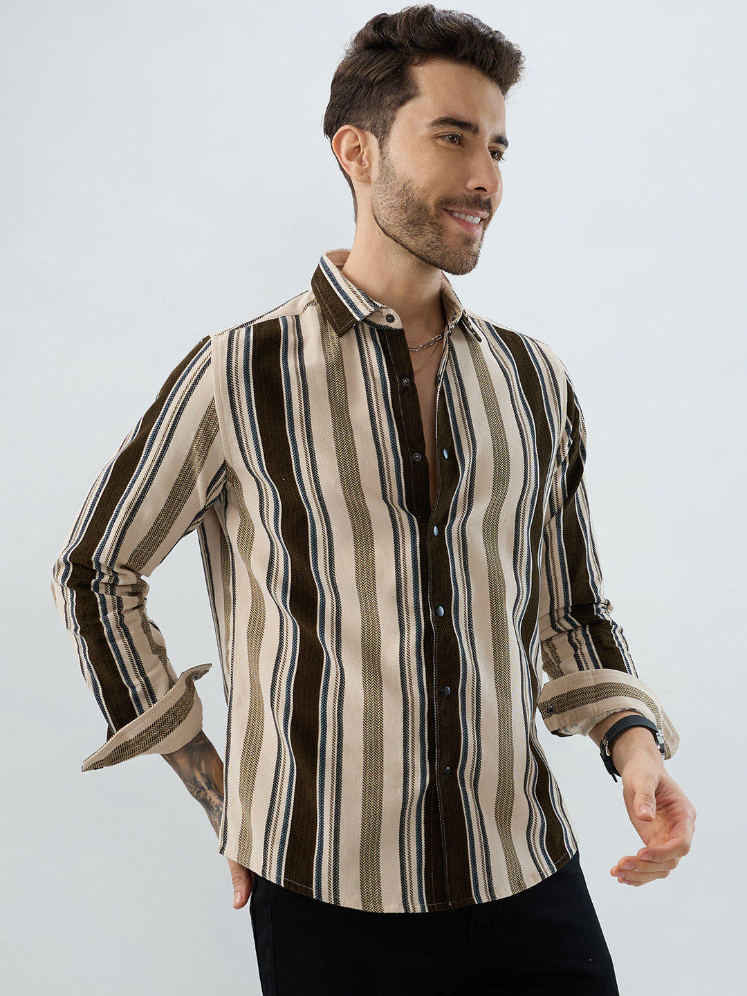 Luxe Brown & Beige Herringbone Striped Shirt