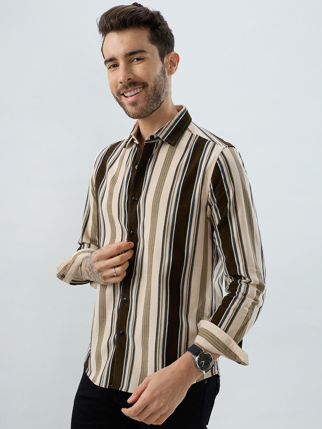 Luxe Brown & Beige Herringbone Striped Shirt