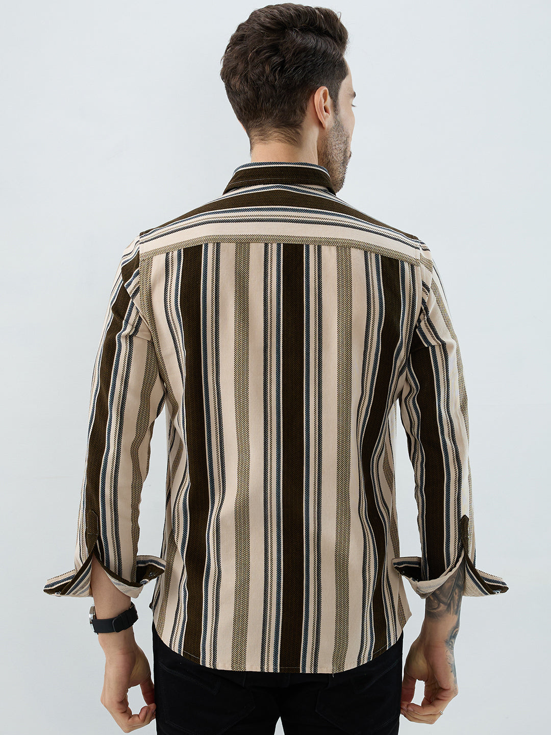 Luxe Brown & Beige Herringbone Striped Shirt
