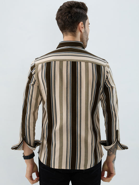 Luxe Brown & Beige Herringbone Striped Shirt