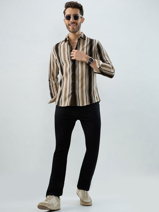 Luxe Brown & Beige Herringbone Striped Shirt