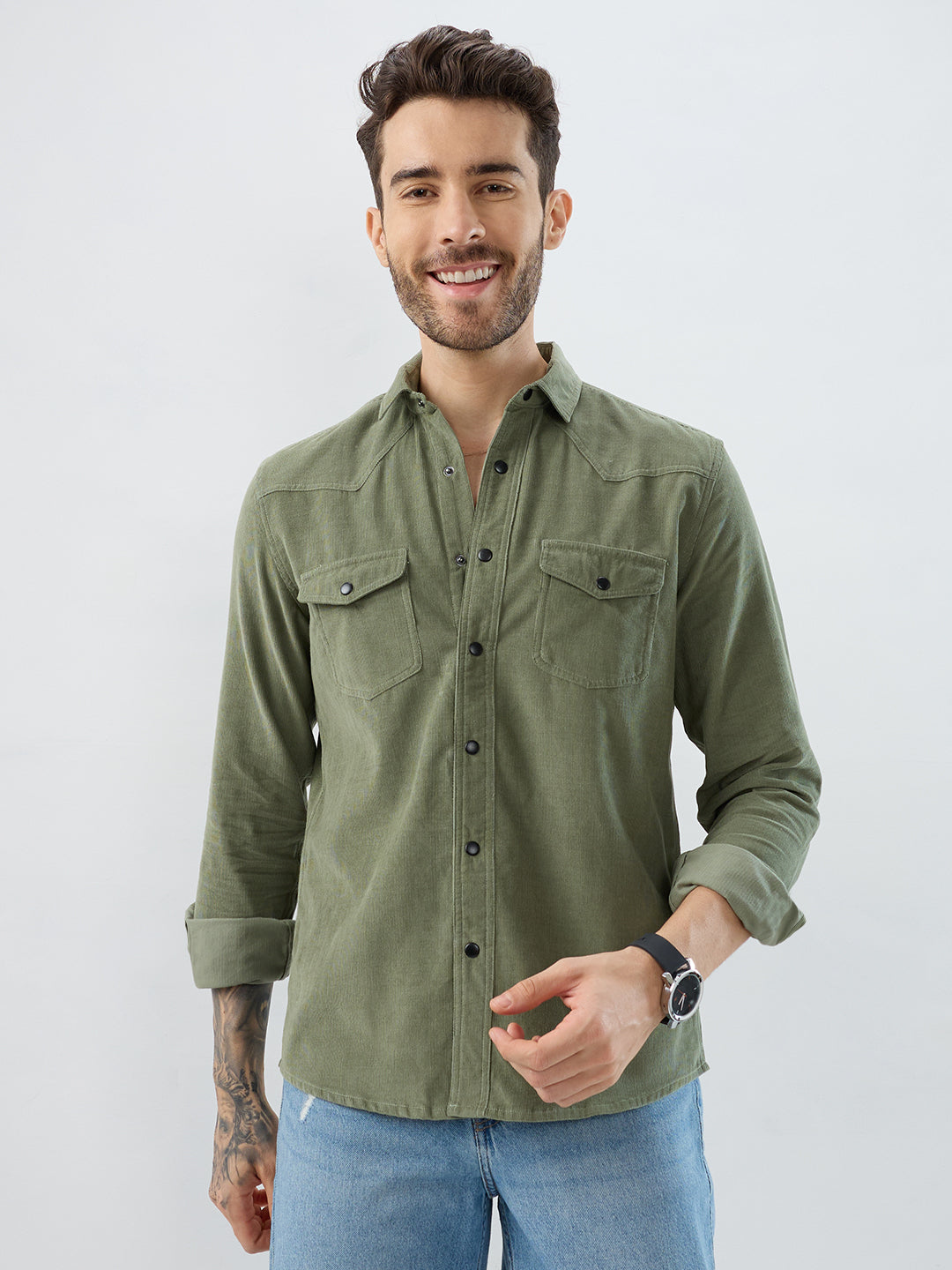 Regal Olive Double Pocket Corduroy Overshirt