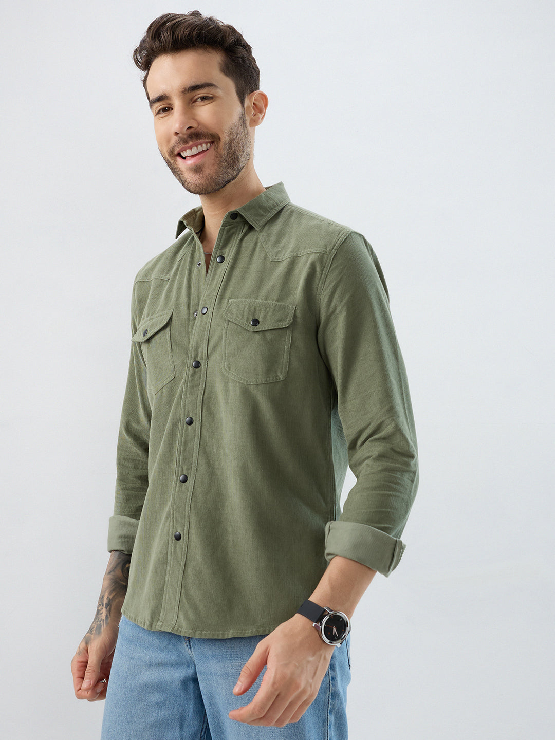 Regal Olive Double Pocket Corduroy Overshirt