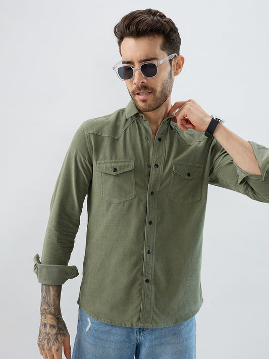 Regal Olive Double Pocket Corduroy Overshirt
