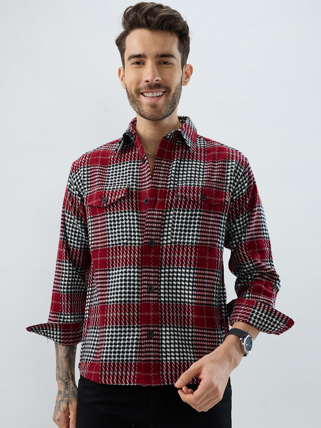 Opulent Red Houndstooth Checkmate Twin Pocket Flannel Shirt