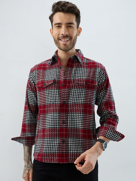 Opulent Red Houndstooth Checkmate Twin Pocket Flannel Shirt