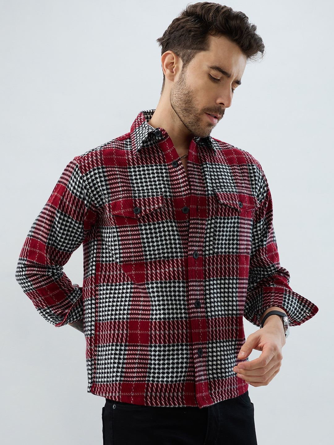 Opulent Red Houndstooth Checkmate Twin Pocket Flannel Shirt