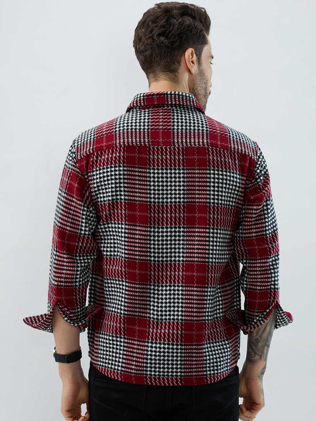 Opulent Red Houndstooth Checkmate Twin Pocket Flannel Shirt