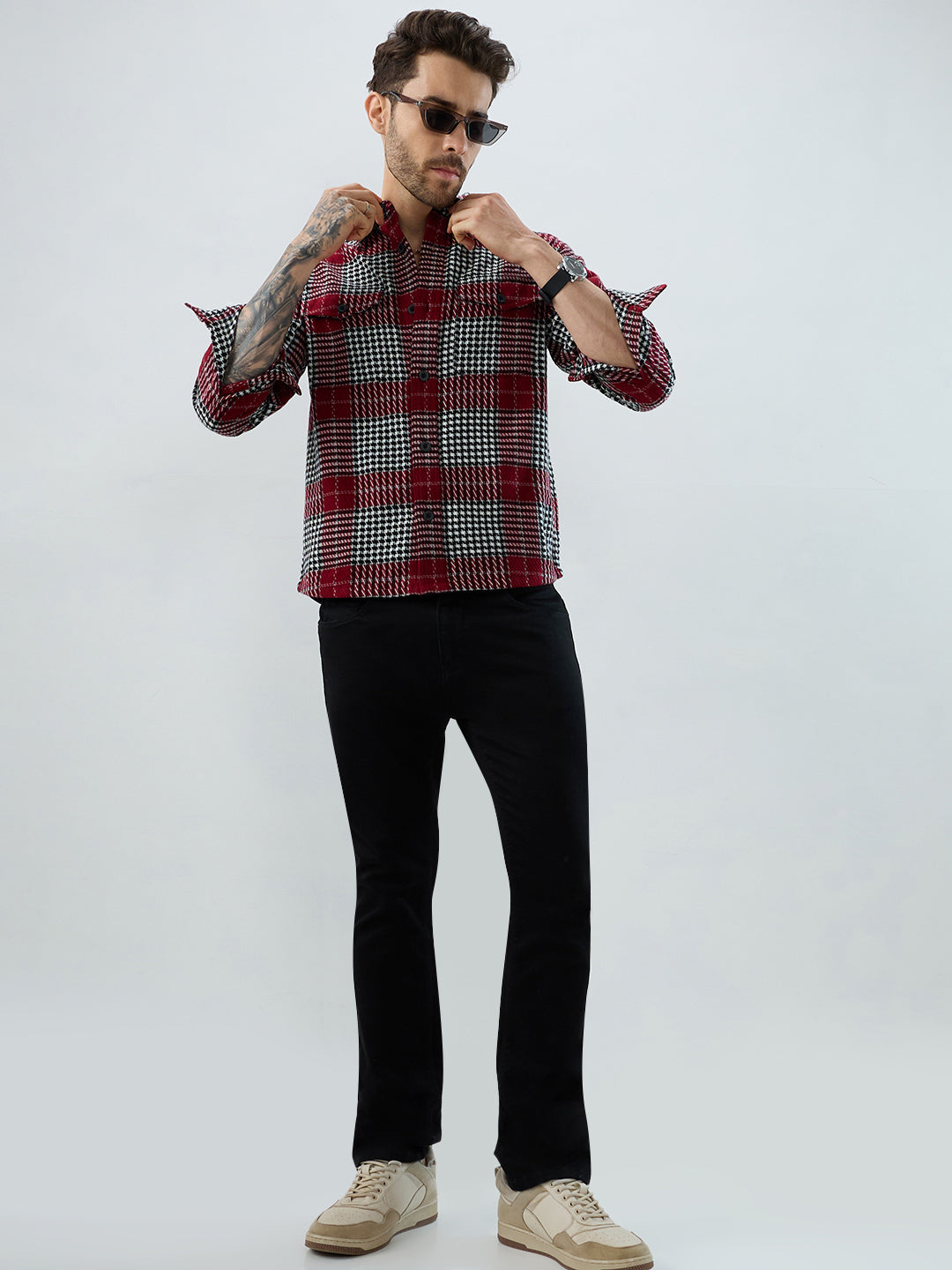 Opulent Red Houndstooth Checkmate Twin Pocket Flannel Shirt