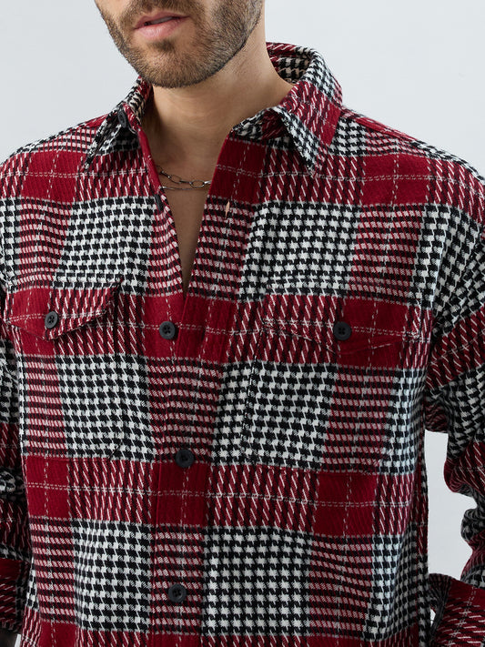 Opulent Red Houndstooth Checkmate Twin Pocket Flannel Shirt