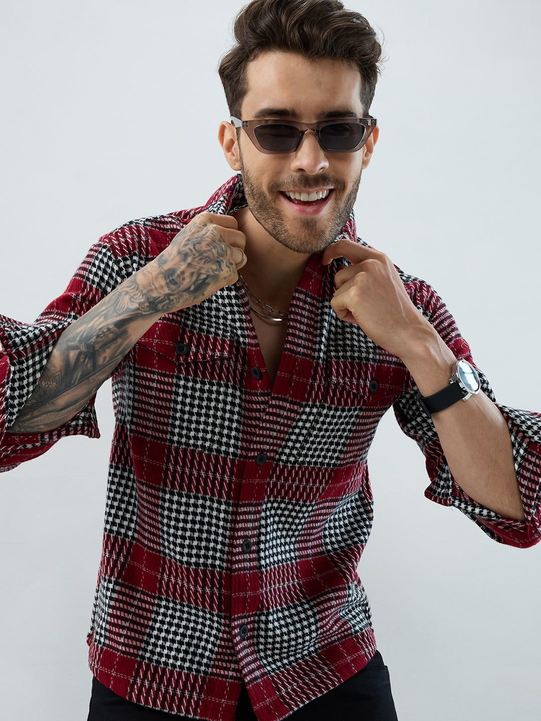 Opulent Red Houndstooth Checkmate Twin Pocket Flannel Shirt