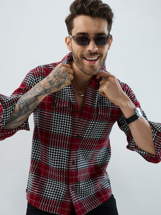 Opulent Red Houndstooth Checkmate Twin Pocket Flannel Shirt