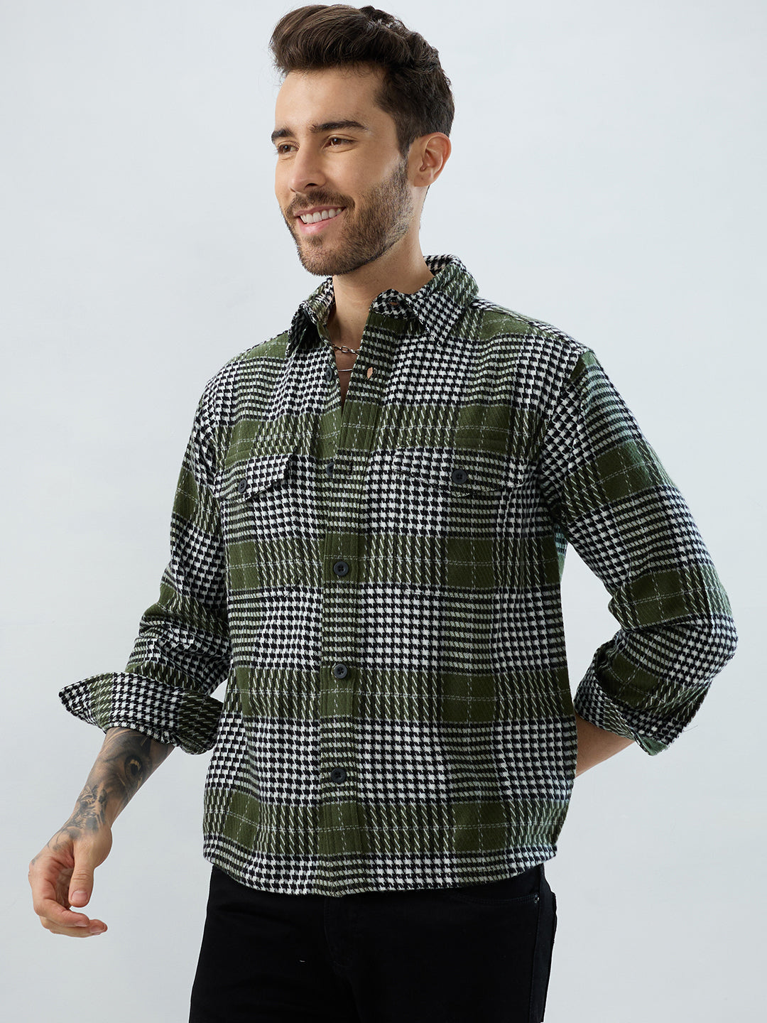Olive Houndstooth Checkmate Twin Pocket Flannel Shirt