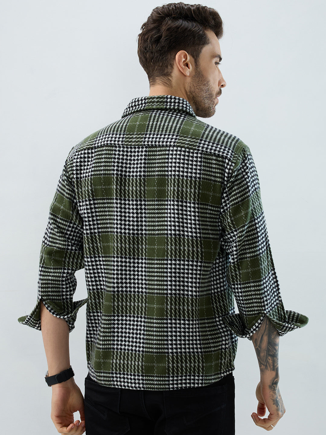 Olive Houndstooth Checkmate Twin Pocket Flannel Shirt