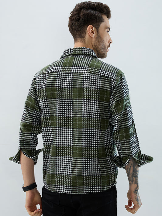 Olive Houndstooth Checkmate Twin Pocket Flannel Shirt