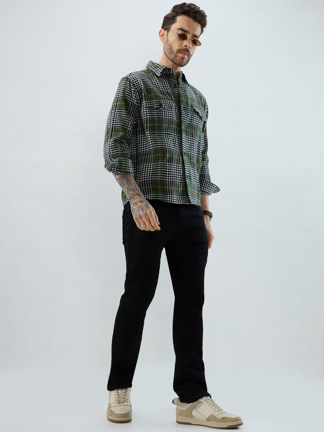 Olive Houndstooth Checkmate Twin Pocket Flannel Shirt
