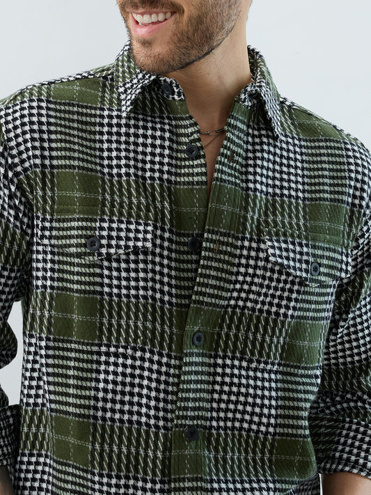 Olive Houndstooth Checkmate Twin Pocket Flannel Shirt