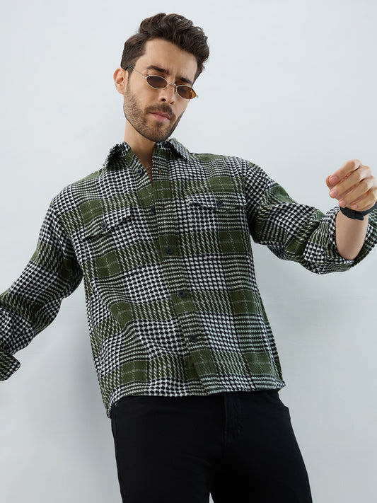 Olive Houndstooth Checkmate Twin Pocket Flannel Shirt