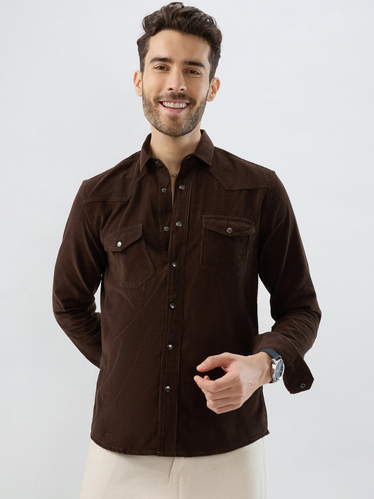 Rich Hickory Brown Double Pocket Corduroy Overshirt