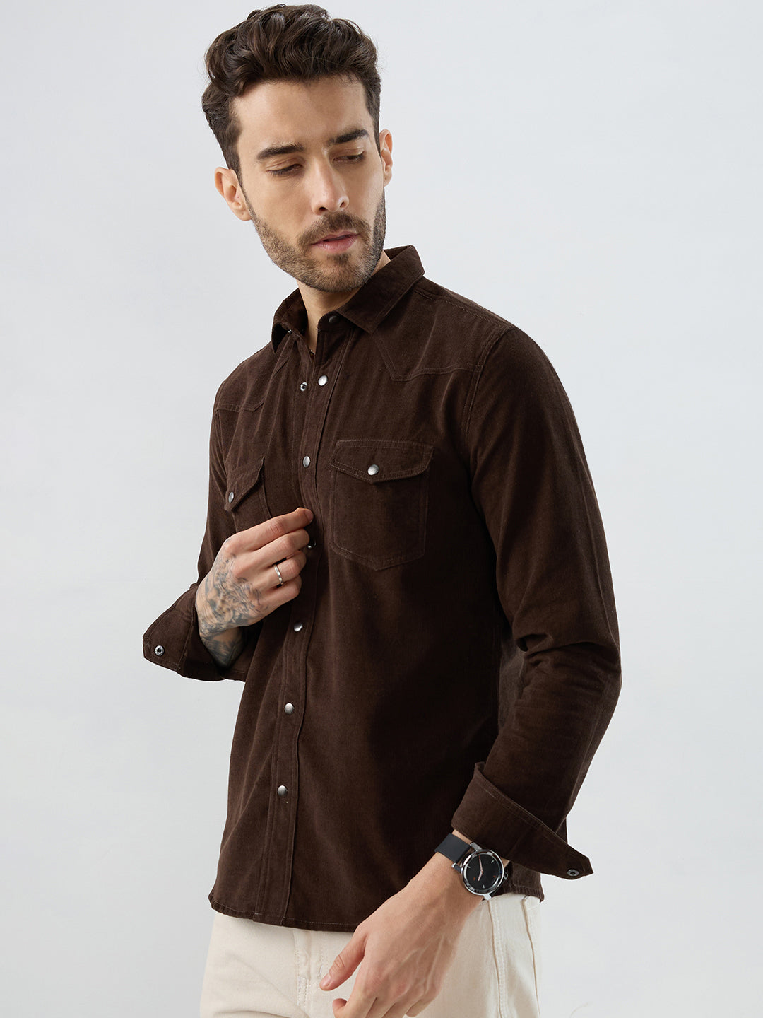 Rich Hickory Brown Double Pocket Corduroy Overshirt