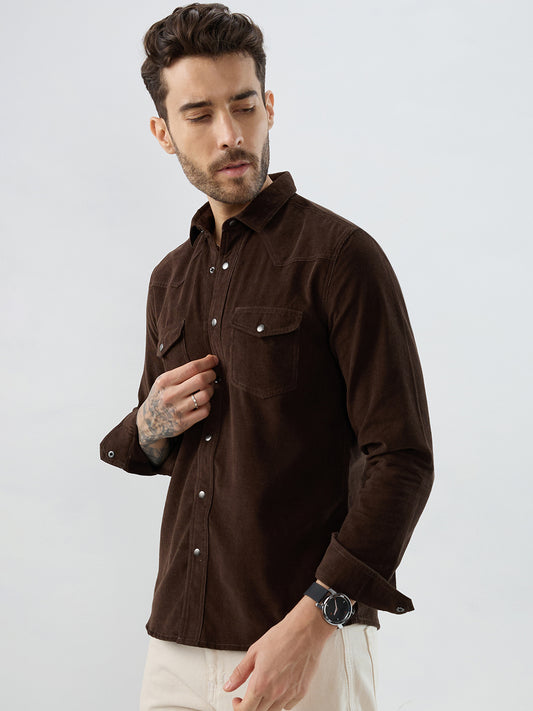 Rich Hickory Brown Double Pocket Corduroy Overshirt