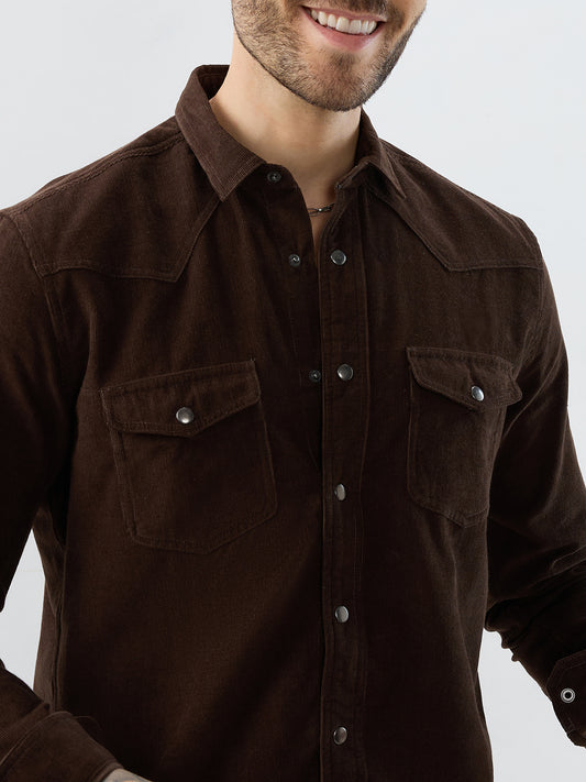 Rich Hickory Brown Double Pocket Corduroy Overshirt