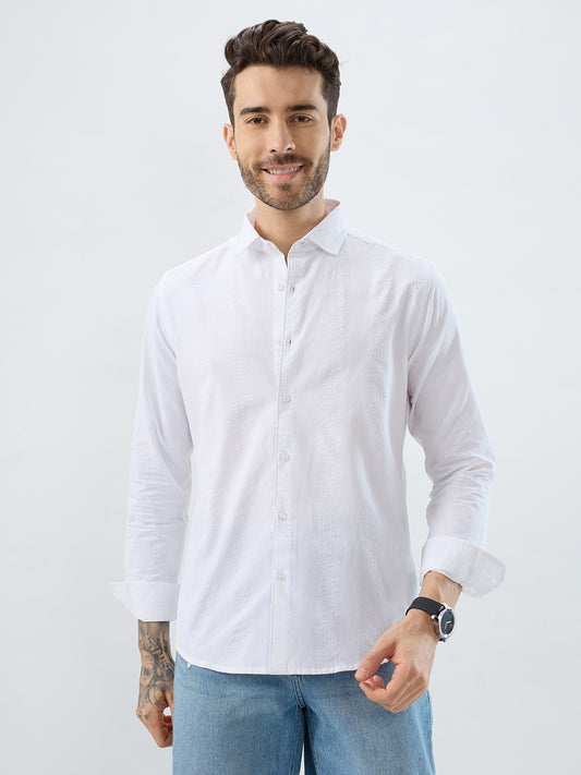 Minimalist Pure White Fine Line Seersucker Stripe Shirt