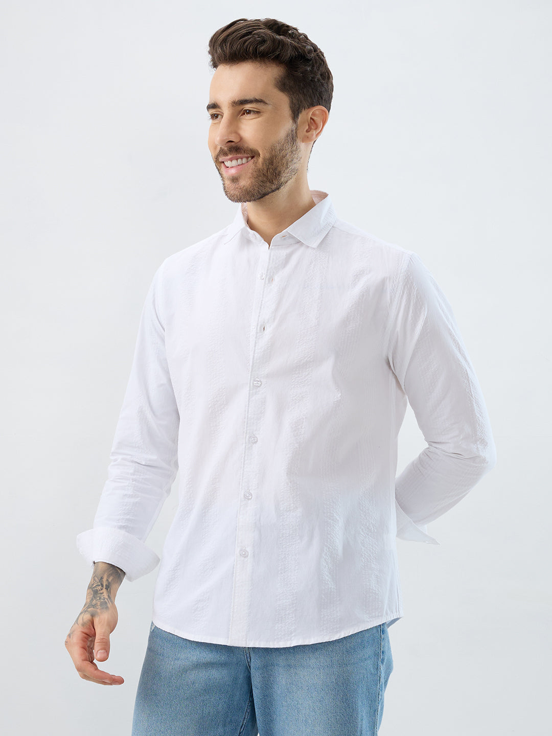 Minimalist Pure White Fine Line Seersucker Stripe Shirt