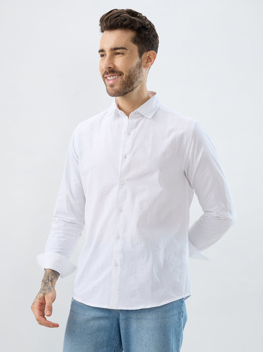 Minimalist Pure White Fine Line Seersucker Stripe Shirt