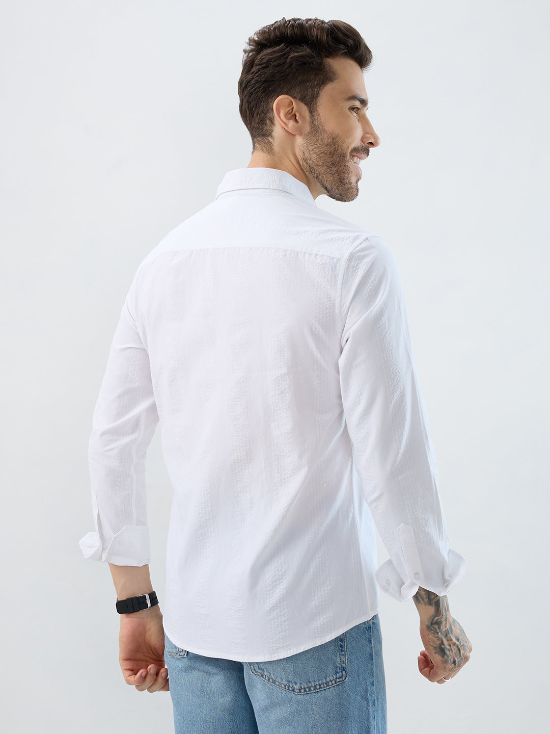 Minimalist Pure White Fine Line Seersucker Stripe Shirt