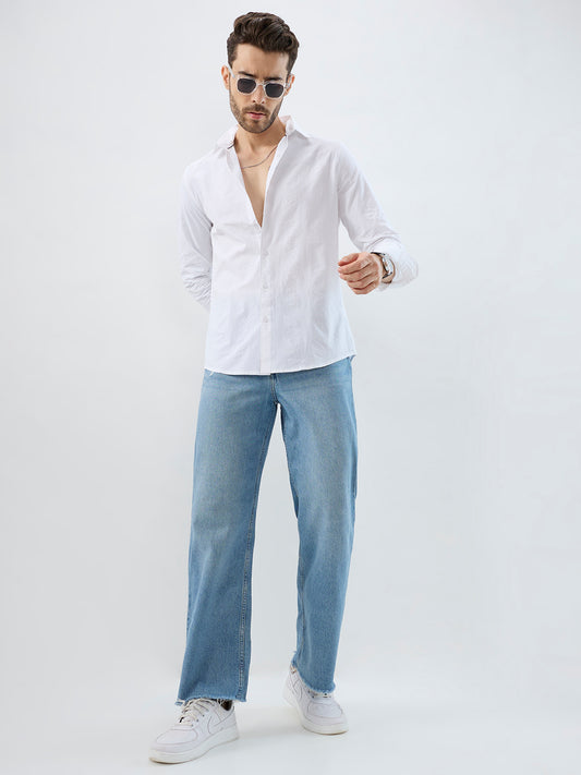 Minimalist Pure White Fine Line Seersucker Stripe Shirt
